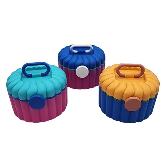 Round Plastic Multi-Colored Jewelry Makeup Case Organizer, Carry Handle, Mirror - Picture 1 of 12